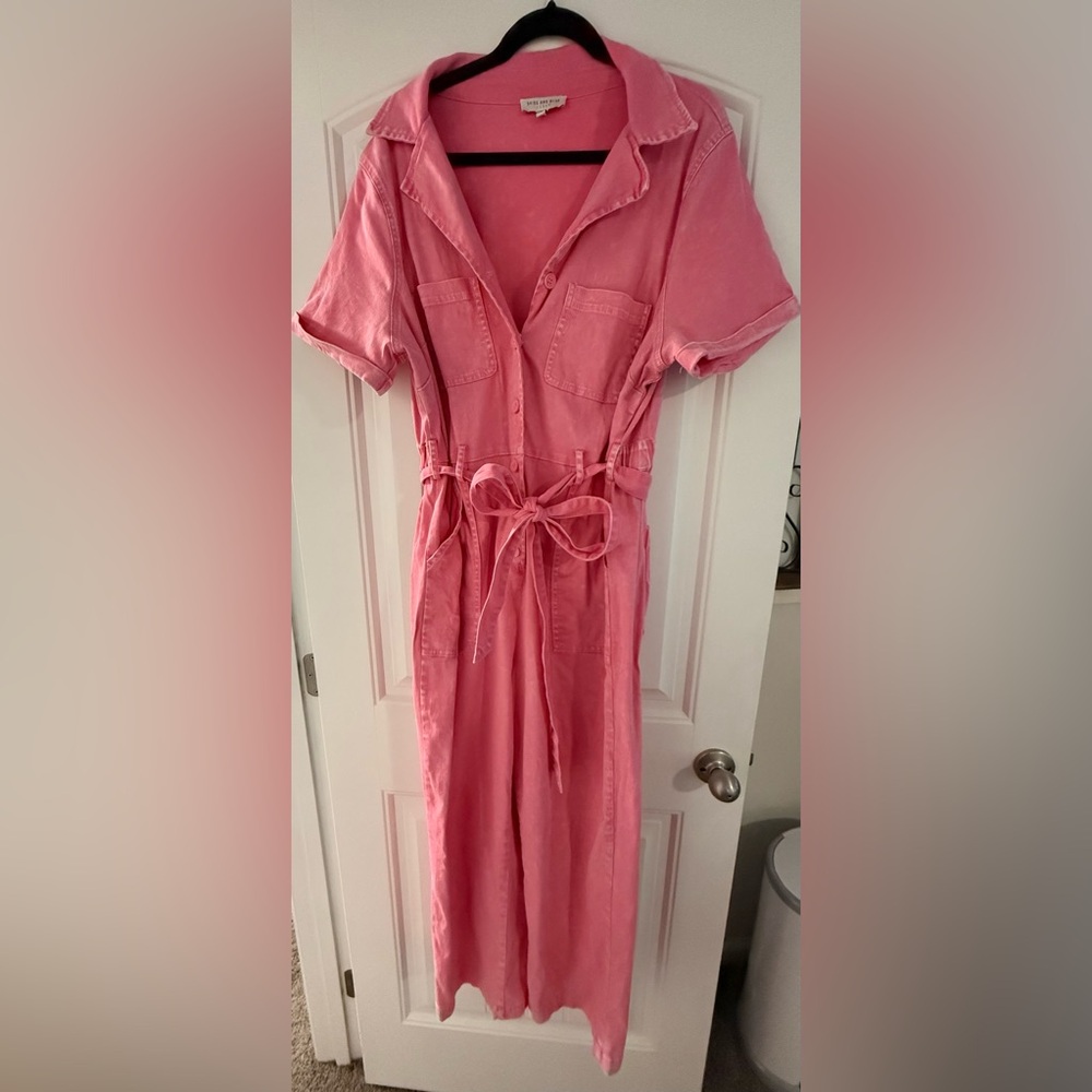 Skies are Blue Curvy Pink Button-Up Jumpsuit with Belt